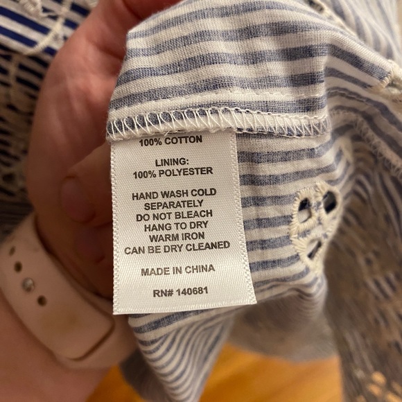 Unique Vintage Blue and White Striped Halter Dress with Embroidered Eyelet Trim - Picture 11 of 13